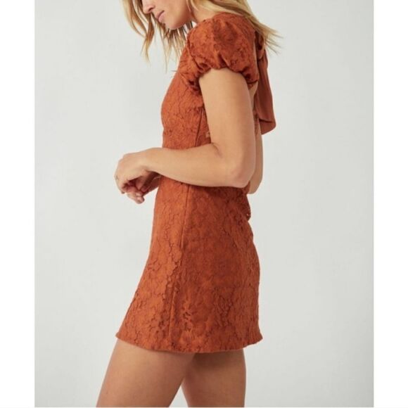 Free People Hailee copper lace short puff sleeve mini dress (M) - Picture 5 of 13